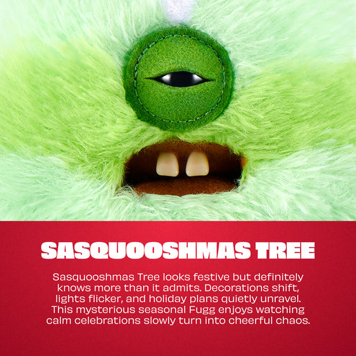 A close-up of a fuzzy green monster face with one visible eye and an open mouth showing two small teeth, above a red text panel that reads 'SASQUOOSHMAS TREE' with descriptive holiday-themed copy.
