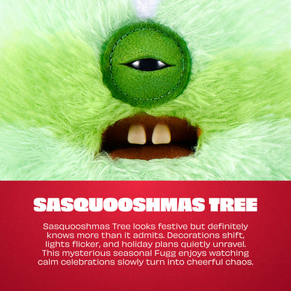 A close-up of a fuzzy green monster face with one visible eye and an open mouth showing two small teeth, above a red text panel that reads 'SASQUOOSHMAS TREE' with descriptive holiday-themed copy.