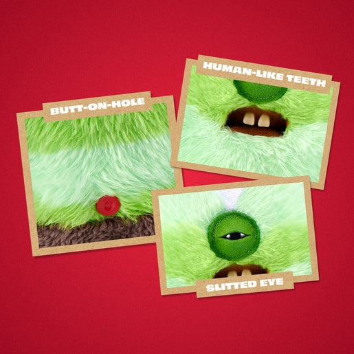 Three square illustrated cards with tan borders arranged on a solid red background. The cards show close-up monster-like designs with labels reading 'BUTT-ON-HOLE,' 'HUMAN-LIKE TEETH,' and 'SLITTEN EYE.