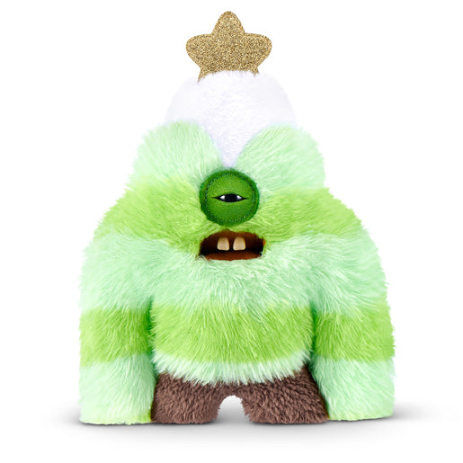 Fuggler Festive Fuggs Series 2 Sasquooshmas Tree 9-inch green tree-shaped plush with a single cyclops eye, gold star, and human-like teeth.