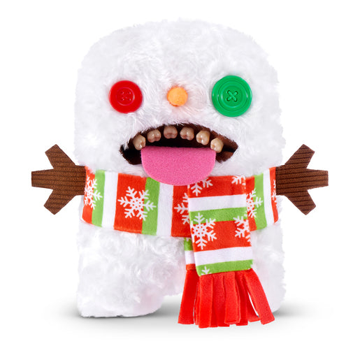 Fuggler Festive Fuggs Series 2 Snowgah Boogah 9-inch white snowman plush with red and green button eyes, human-like teeth, and a festive scarf.
