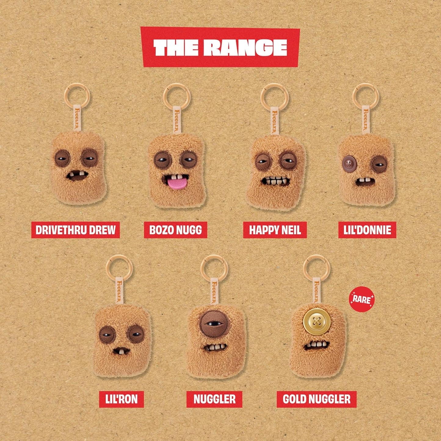 Seven variations of Fuggler Fugg Nuggets plush keyrings featuring funny-ugly monster faces with human-like teeth on fuzzy chicken nugget shapes.