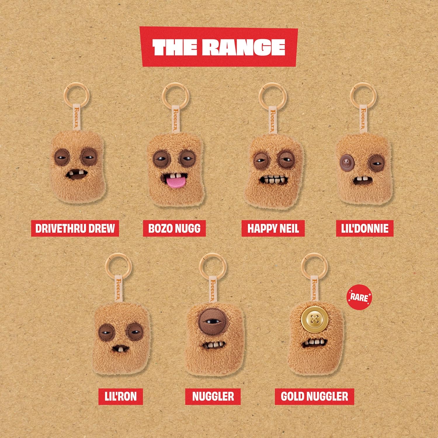 Seven variations of Fuggler Fugg Nuggets plush keyrings featuring funny-ugly monster faces with human-like teeth on fuzzy chicken nugget shapes.