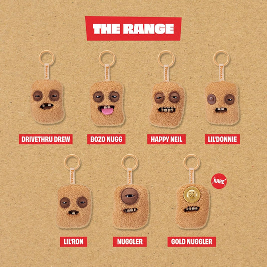 Seven variations of Fuggler Fugg Nuggets plush keyrings featuring funny-ugly monster faces with human-like teeth on fuzzy chicken nugget shapes.