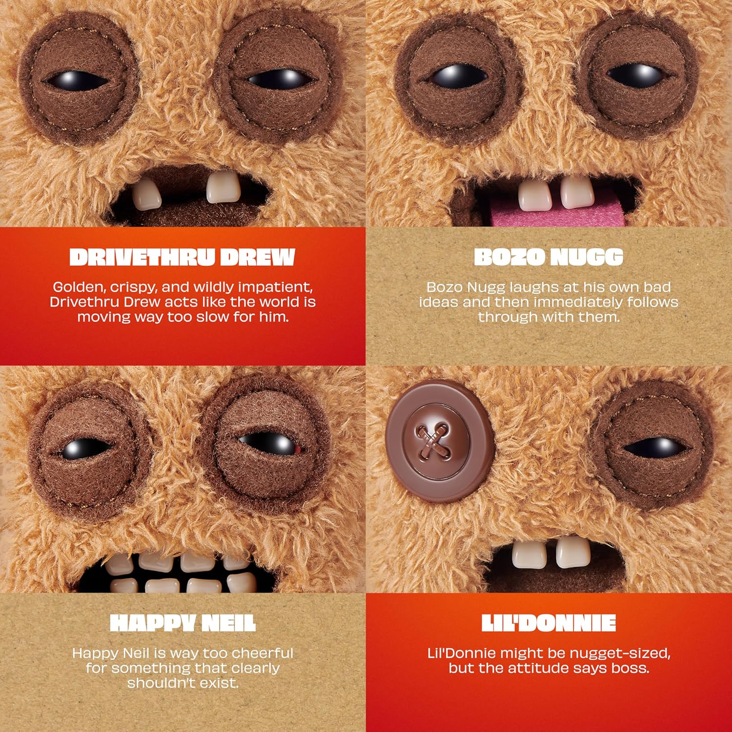 Four different Fuggler Fugg Nugget faces with descriptions below each.