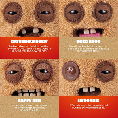 Four different Fuggler Fugg Nugget faces with descriptions below each.
