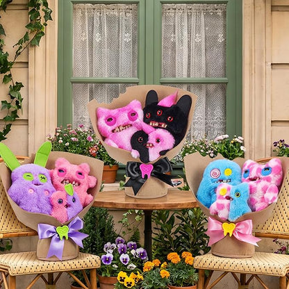 Bouquets of plush toys resembling monsters on a table with flowers and plants.
