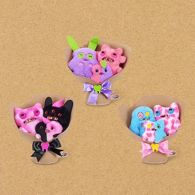 Three bouquets of colorful plush toys on a beige background