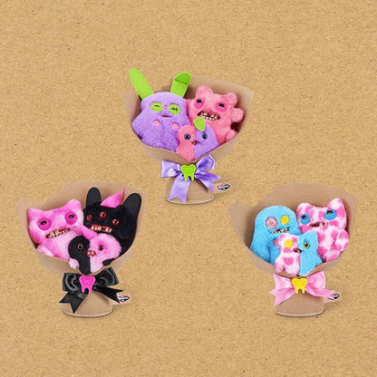 Three bouquets of colorful plush toys on a beige background
