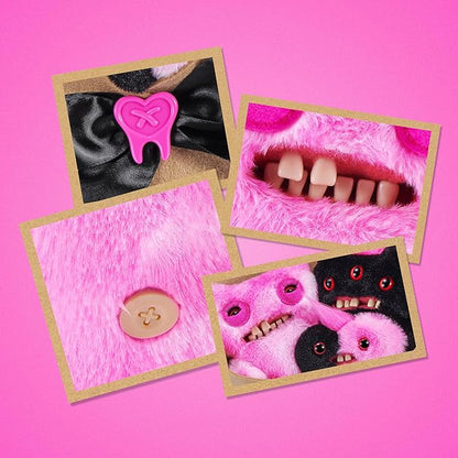 Collage of details for Fuggler Fugg Bouquets Plush Set featuring two 9-inch and one 3.5-inch pink and black monster plush toys wrapped in craft paper with a black ribbon.