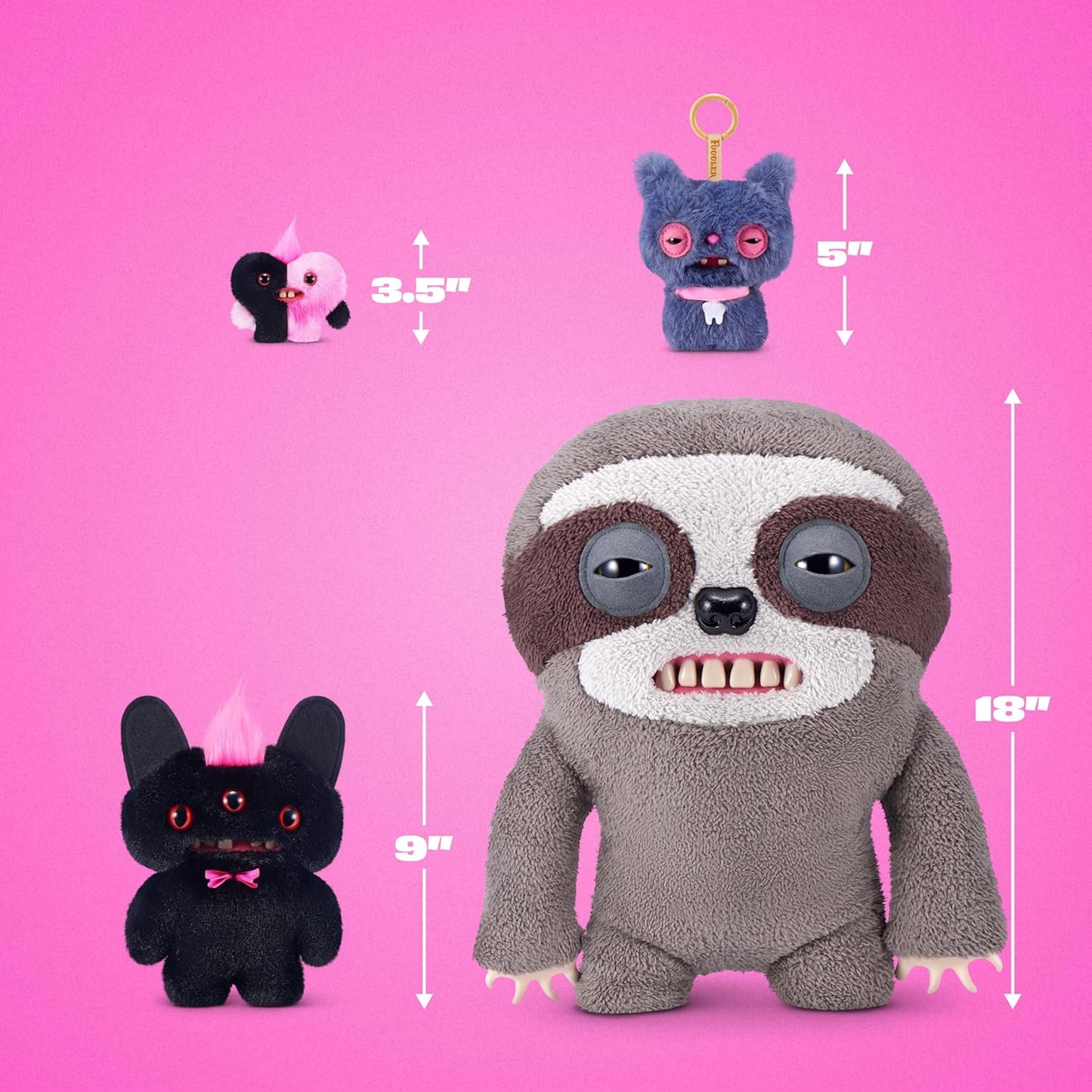 Plush toys with their dimensions on a pink background