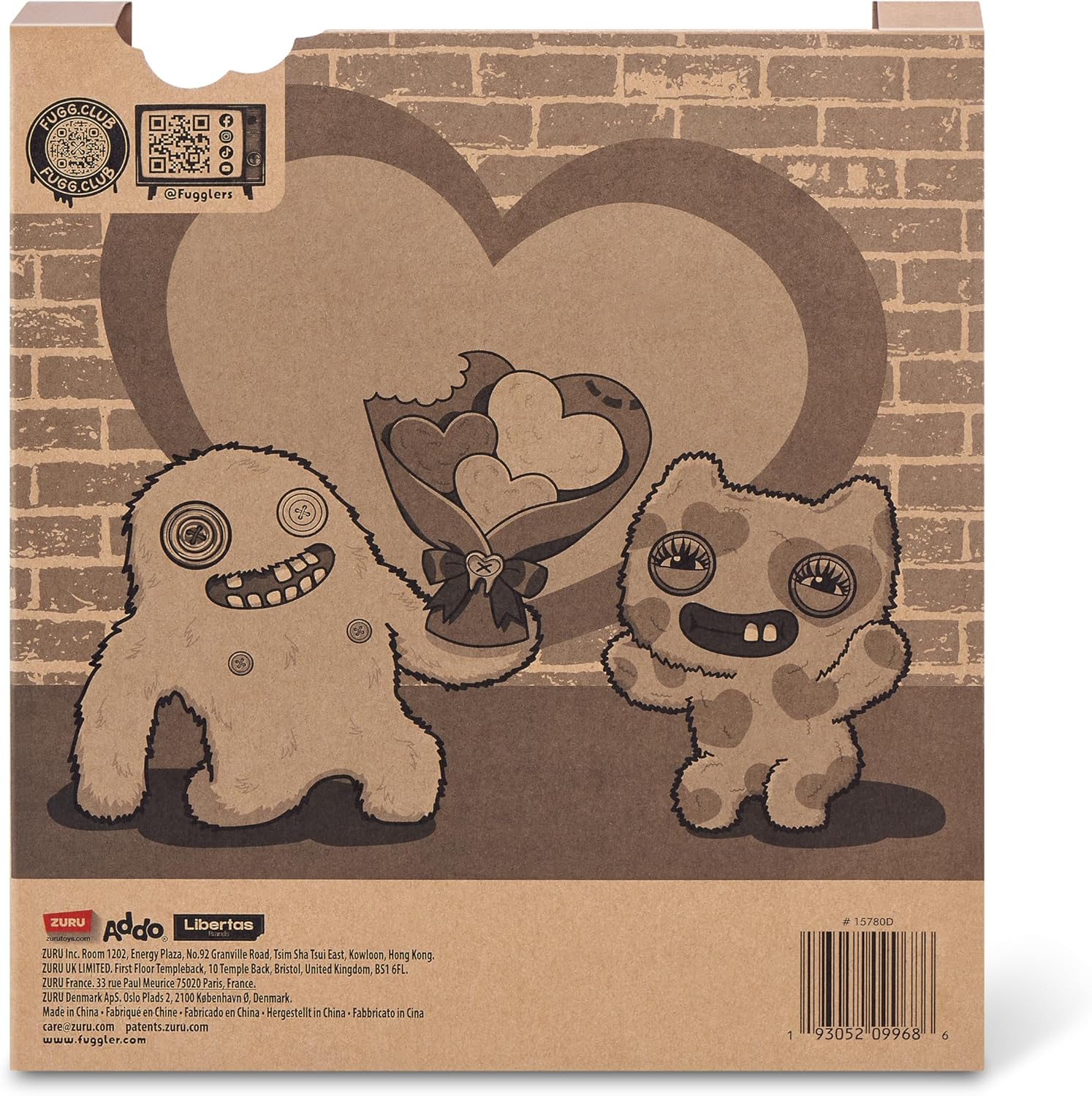 Cardboard packaging with two cartoon characters and a heart-shaped gift, against a brick wall background.