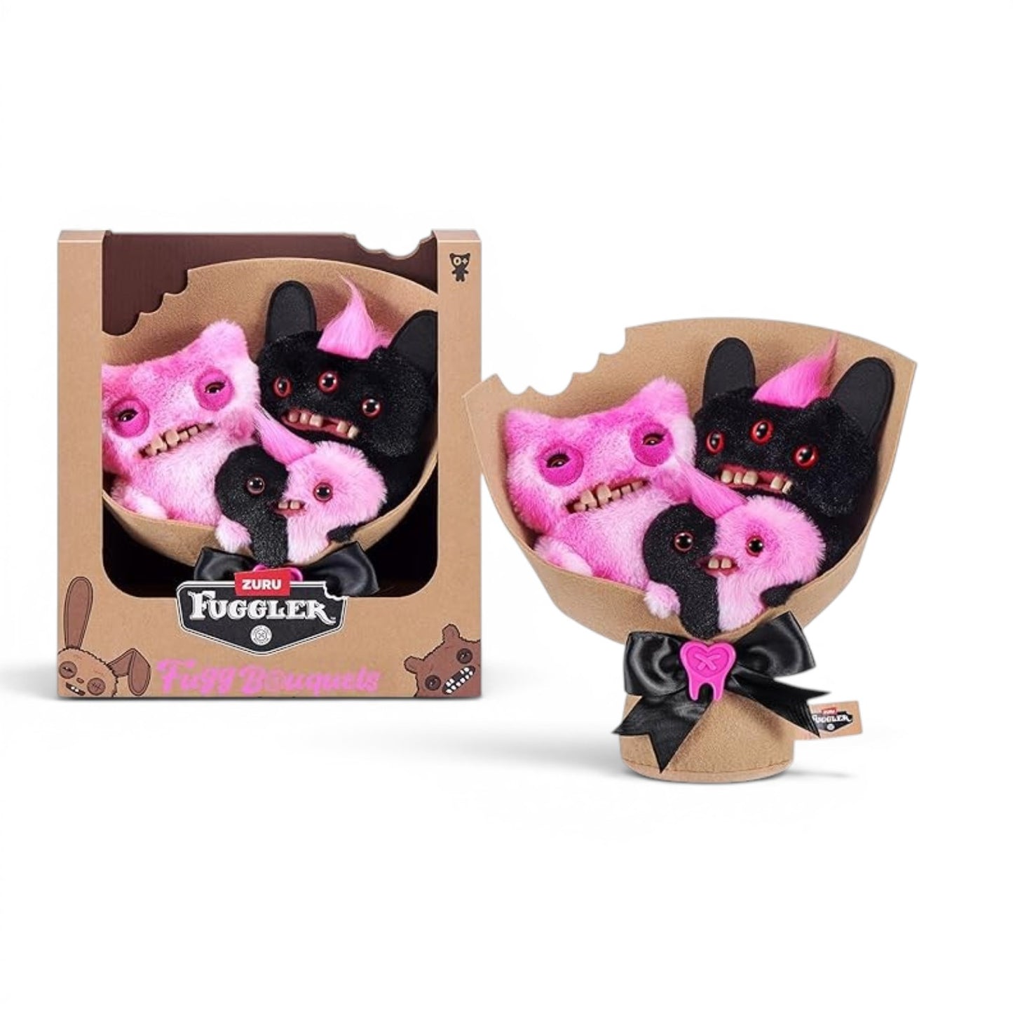 Fuggler Fugg Bouquets Plush Set featuring two 9-inch and one 3.5-inch pink and black monster plush toys wrapped in craft paper with a black ribbon.