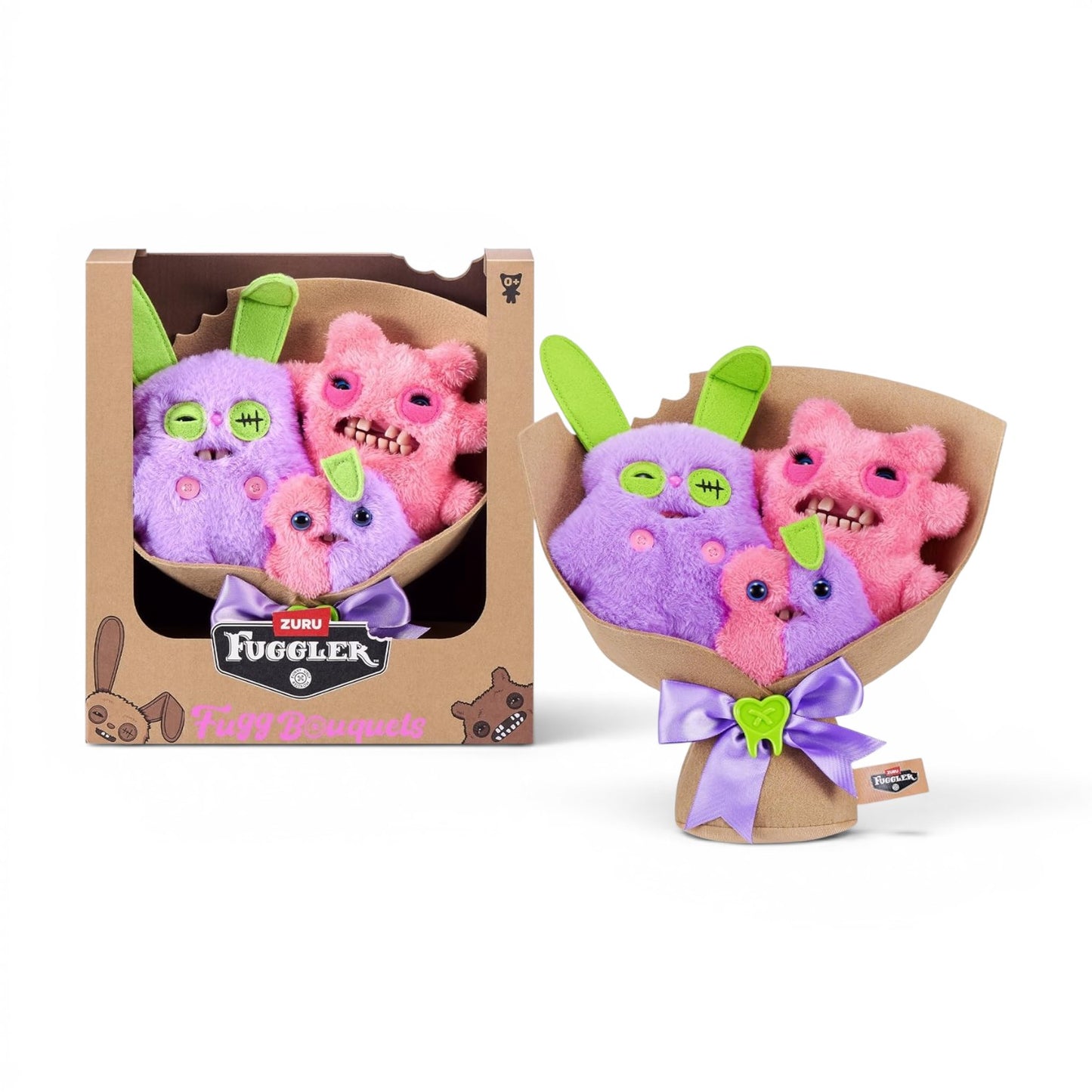 Fuggler Fugg Bouquets Plush Set featuring two 9-inch and one 3.5-inch colorful monster plush toys wrapped in craft paper with a purple ribbon.