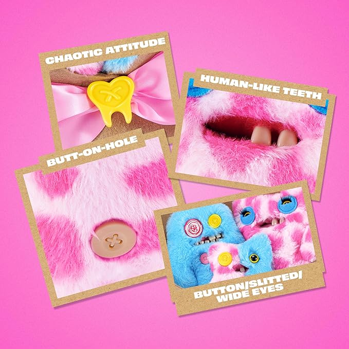 Fuggler Fugg Bouquets Plush Set featuring two 9-inch and one 3.5-inch blue and pink monster plush toys wrapped in craft paper with a pink ribbon.