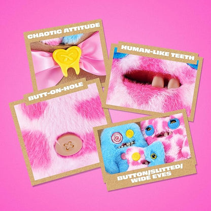 Fuggler Fugg Bouquets Plush Set featuring two 9-inch and one 3.5-inch blue and pink monster plush toys wrapped in craft paper with a pink ribbon.