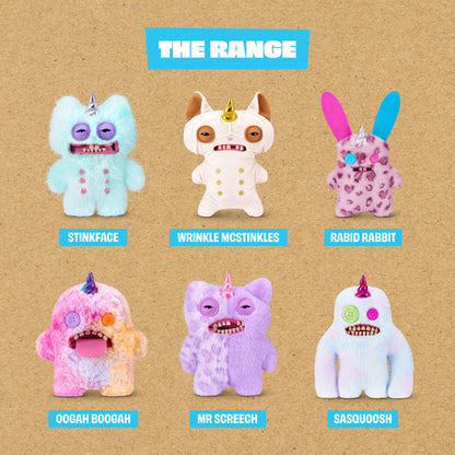 Collection of colorful plush toys with names on a brown background