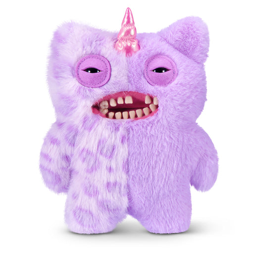 Fuggler Fugglercorns Mr Screech plush toy with half solid and half spotted lavender fluff, a metallic pink unicorn horn, sleepy eyes, and a wide open mouth full of human-like teeth.