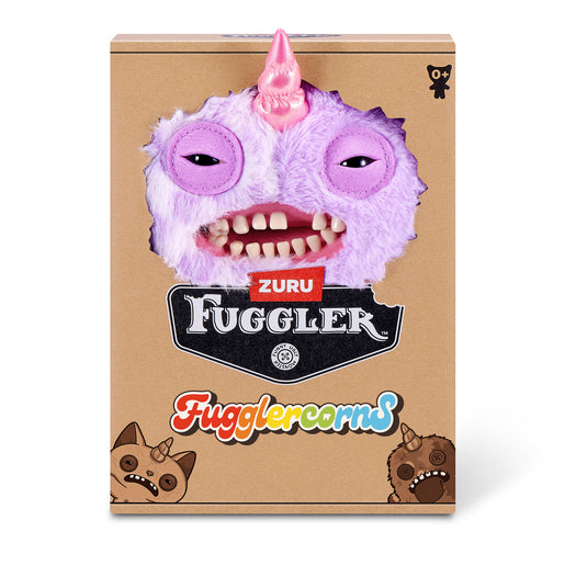 Zuru Fuggler Fugglercorns toy packaging with a purple creature face on a brown box.