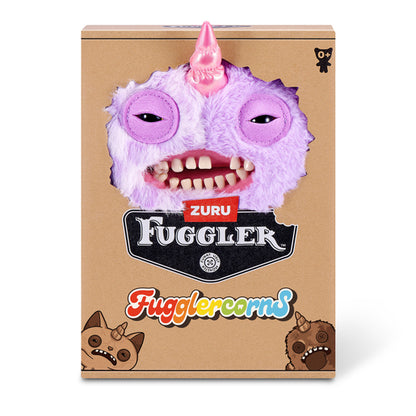Zuru Fuggler Fugglercorns toy packaging with a purple creature face on a brown box.