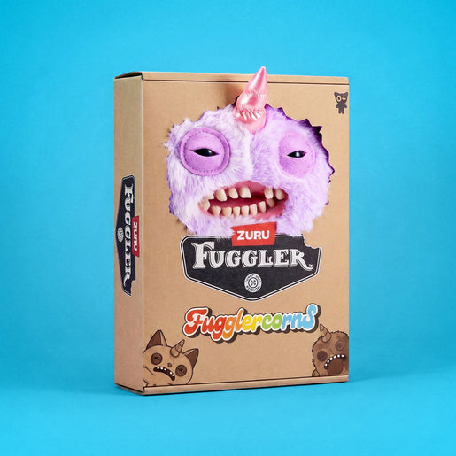 Fuggler Fugglercorns Mr Screech plush toy with half solid and half spotted lavender fluff, a metallic pink unicorn horn, sleepy eyes, and a wide open mouth full of human-like teeth.