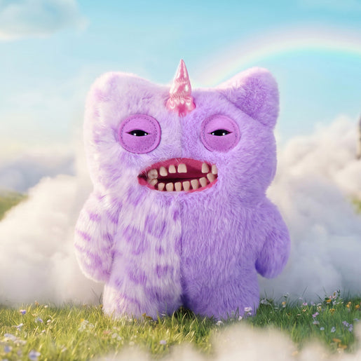 Fuggler Fugglercorns Mr Screech plush toy with half solid and half spotted lavender fluff, a metallic pink unicorn horn, sleepy eyes, and a wide open mouth full of human-like teeth.