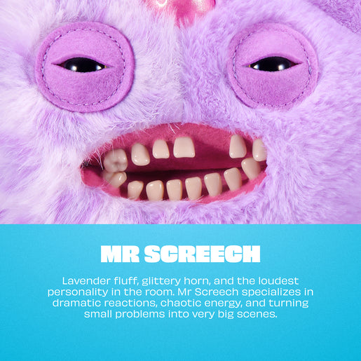 Close-up of a fluffy lavender creature with a pink horn and open mouth, labeled 'Mr Screech'.