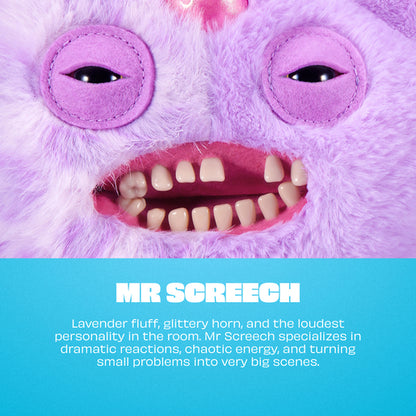 Close-up of a fluffy lavender creature with a pink horn and open mouth, labeled 'Mr Screech'.