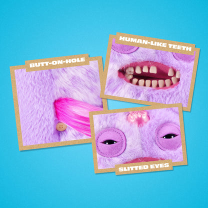 Three cards showing parts of Fuggler with labels on a blue background