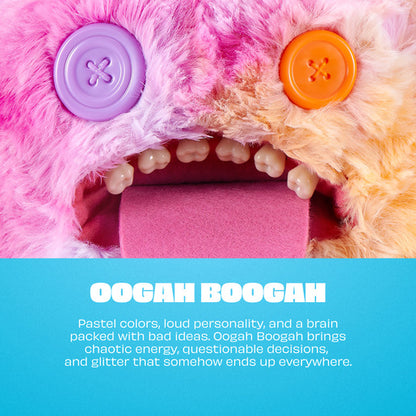 Close-up of a colorful plush toy with buttons and text about Oogah Boogah.