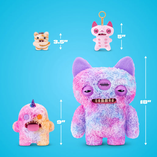 Four colorful plush toys with measurements on a blue background