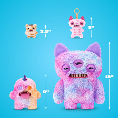 Four colorful plush toys with measurements on a blue background