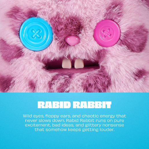 Pink and purple toy rabbit with button eyes on a blue background