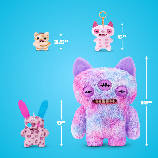 Set of colorful plush toys with size measurements on a blue background