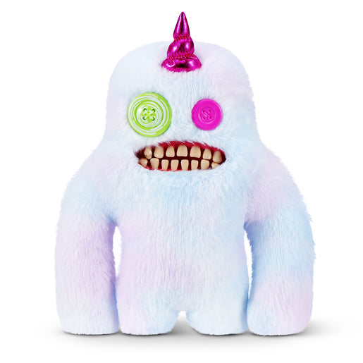 Fuggler Fugglercorns Sasquoosh plush toy with pastel ombre fluff, a metallic bright pink unicorn horn, mismatched green and pink button eyes, and a wide mouth full of human-like teeth.
