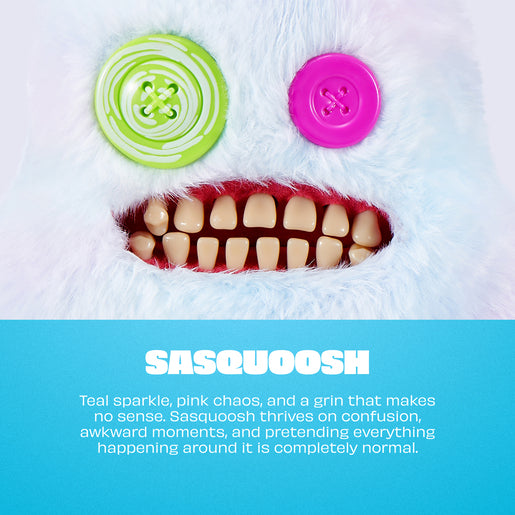 Close-up of a character with colorful buttons and a grinning mouth, with 'Sasquoosh' branding and description.
