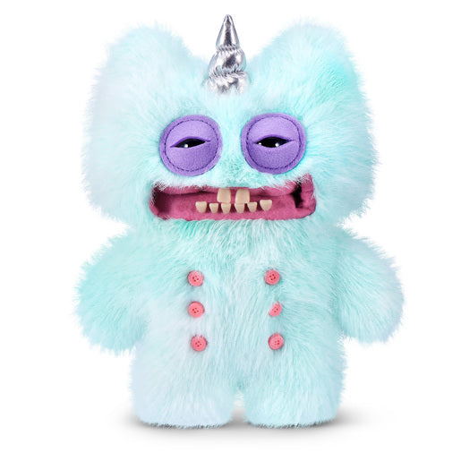 Fuggler Fugglercorns Stinkface plush toy with fluffy pastel blue fur, a shiny silver unicorn horn, purple sleepy eyes, human-like teeth, and four pink buttons on its belly.
