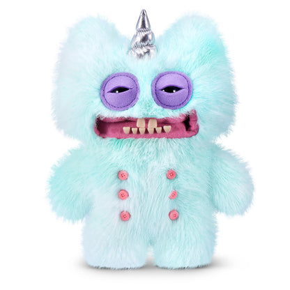Fuggler Fugglercorns Stinkface plush toy with fluffy pastel blue fur, a shiny silver unicorn horn, purple sleepy eyes, human-like teeth, and four pink buttons on its belly.