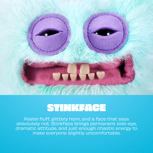 Close-up of a plush toy with a face labeled 'Stinkface' on a blue background.
