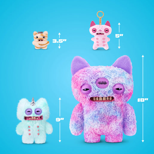 Four plush toys with measurements on a blue background