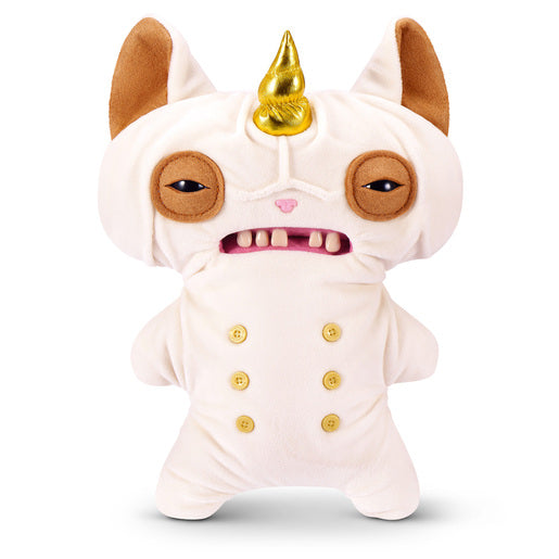 Fuggler Fugglercorns Wrinkle McStinkles plush toy with wrinkled white fur, a metallic gold unicorn horn, sleepy brown eyes, human-like teeth, and six gold buttons on its belly.
