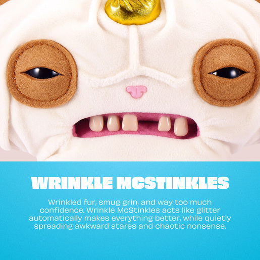 Cartoon character with a smug expression and text about 'Wrinkle McStinkles' on a blue background