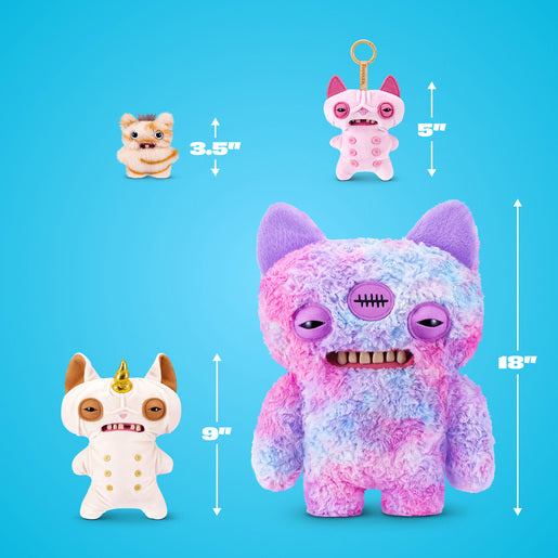 Set of colorful plush toys with size measurements on a blue background