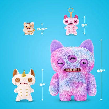 Set of colorful plush toys with size measurements on a blue background