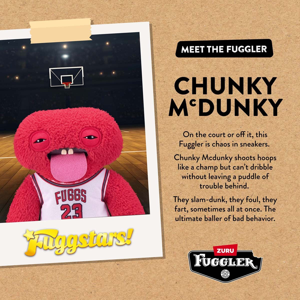Fuggler Fuggstars Series 1 Chunky McDunky plush Meet the Fuggler Bio Card