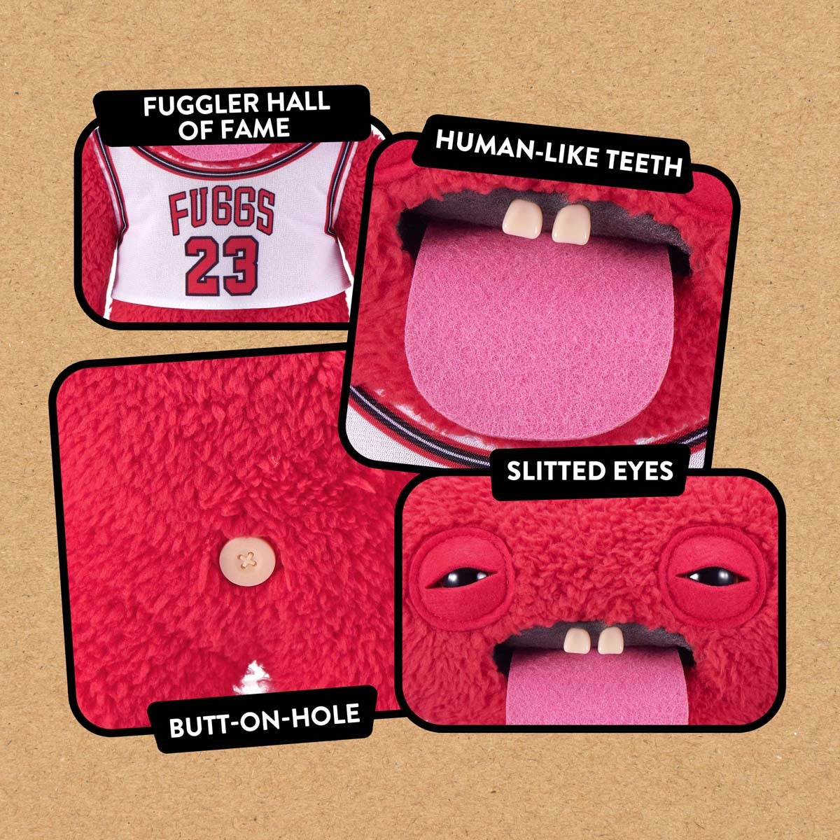 Close up of features for Fuggler Fuggstars Series 1 Chunky McDunky plush