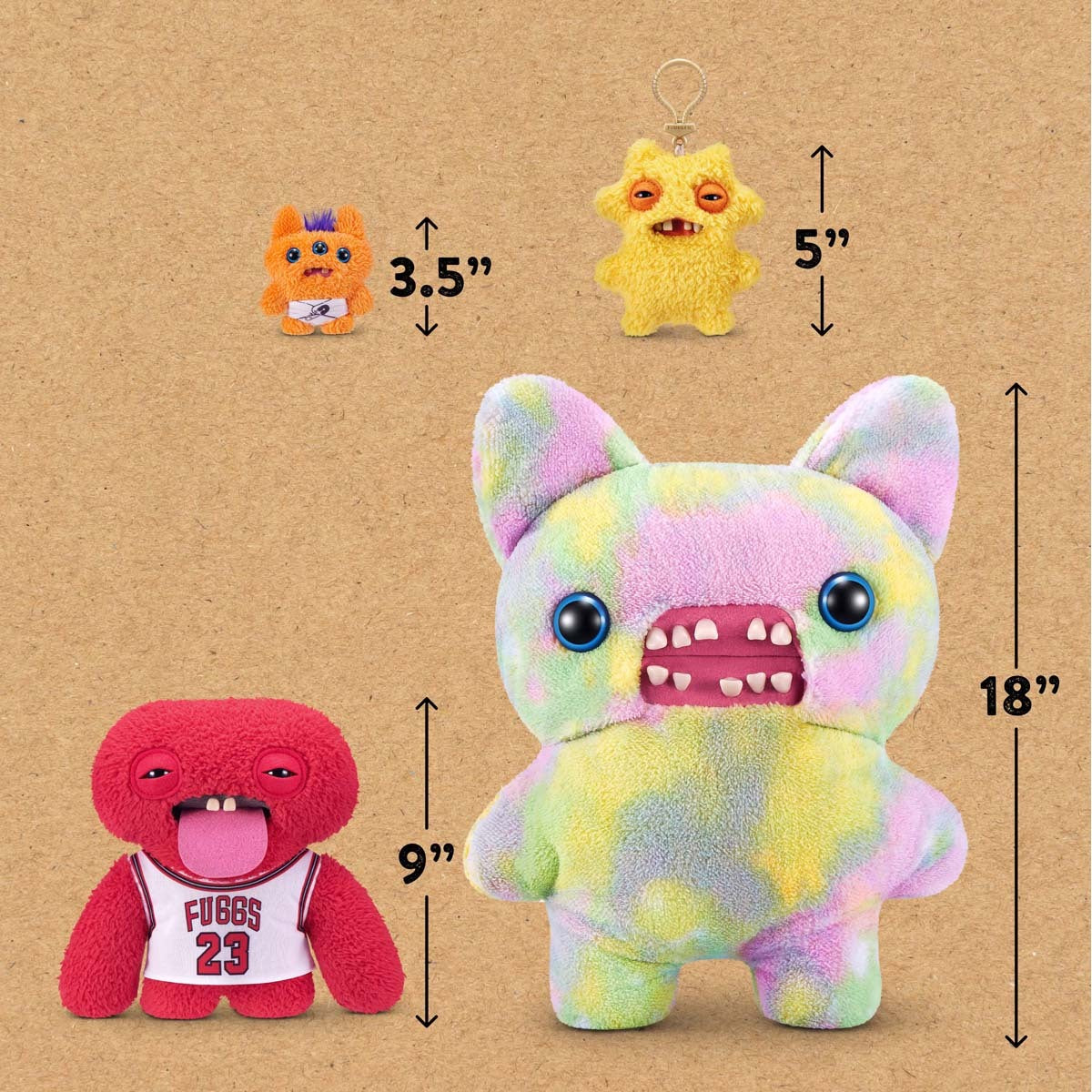 Size comparison chart for Fuggler Fuggstars Series 1 Chunky McDunky plush