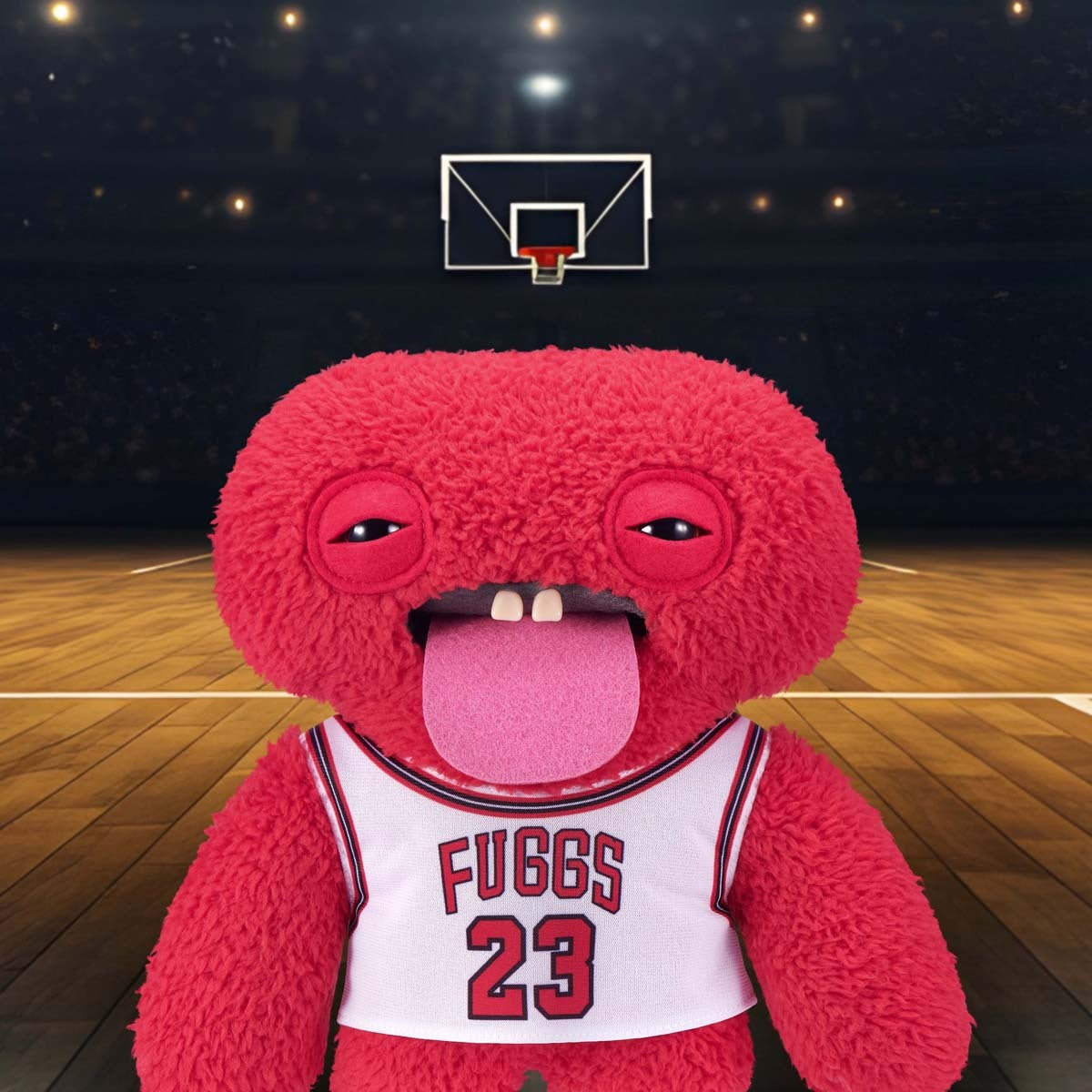Fuggler Fuggstars Series 1 Chunky McDunky plush with a basketball court in the background