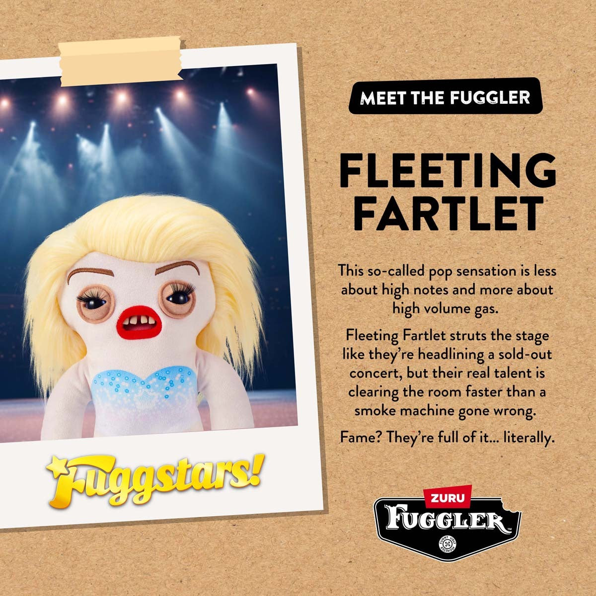 Fuggler Fuggstars Series 1 Fleeting Fartlet plush Meet the Fuggler Bio Card
