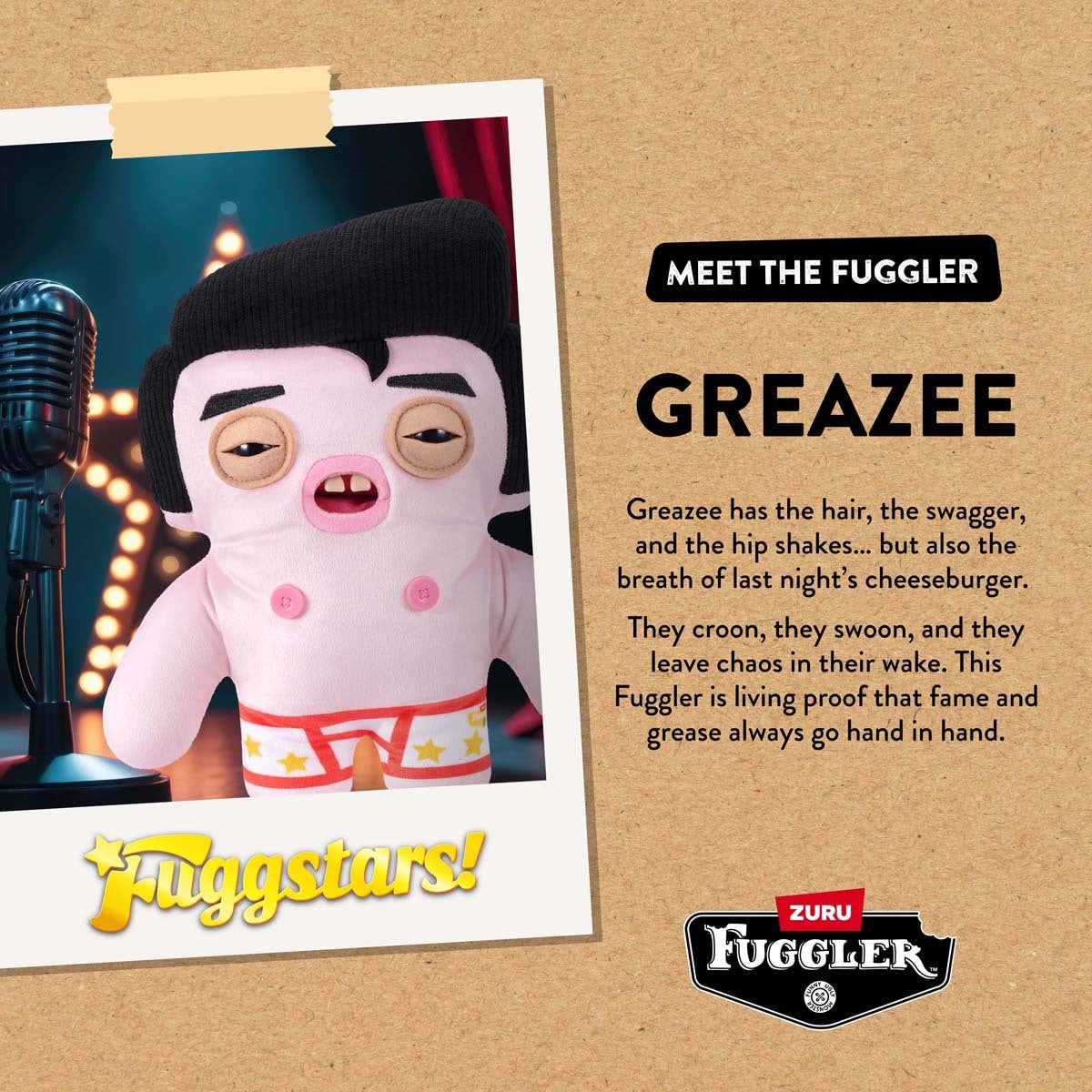 Fuggler Fuggstars Series 1 Greazee plush Meet the Fuggler Character Bio Card